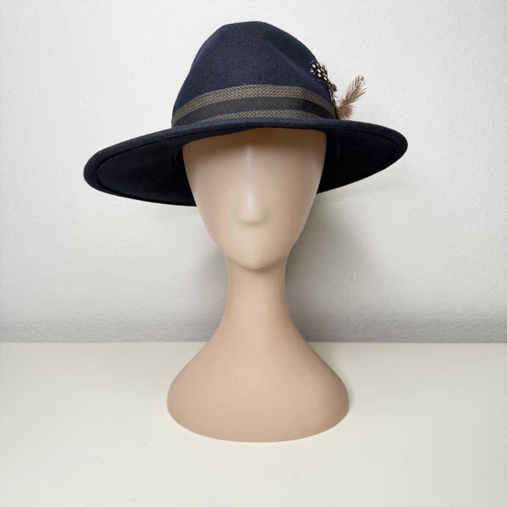 Yargici Fedora Hat Women's Navy‎ Blue Wool Feather Accent Dark Academia OS